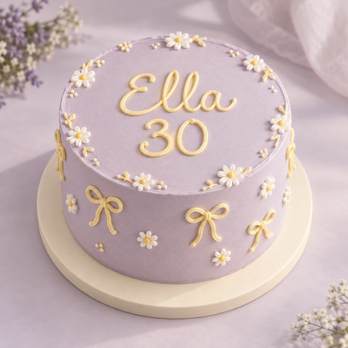 Birthday cake concept with lavender buttercream, yellow bows, daisies and the inscription Ella 30